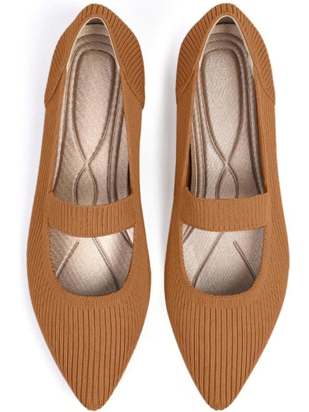 Women's Brown Knit Mary Jane Flats Pointed Toe Pull On Comfortable Flats Shoes